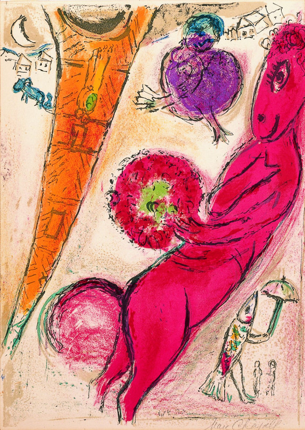 Vivantes natures : Marc Chagall. Tour Eiffel à l’âne rouge. 1954, Lithographie originale en couleurs sur Arches, 38 x 56 cm