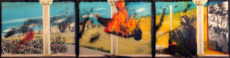 Stéphane Pencréac’h. Œuvres monumentales : Stéphane Penchréac'h. Tunis. 2013, huile et bombe sur toile, 195 x 780 cm en polyptique (3 parties).© ADAGP, Paris, 2014 