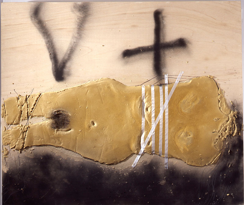 Antoni Tapies – Nouvelles peintures : Antoni Tàpies Cos lligat, 2010 Technique mixte et collage sur bois 170 x 200 cm Courtesy Galerie Lelong et Antoni Tapies