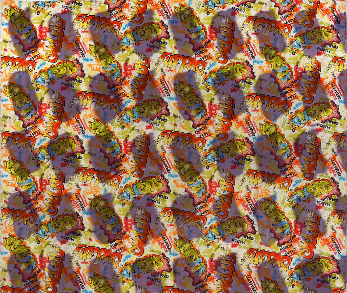 Claude Viallat : Sans titre n°238, 2013, acrylique sur tissue imprimé graffitis, 238 x 282 cm, Courtesy Galerie Daniel Templon, Paris et Bruxelles. Photo Pierre Schwartz